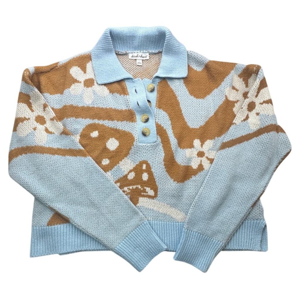 Derek Heart Mushroom Daisy Knit Polo Sweater Blue L